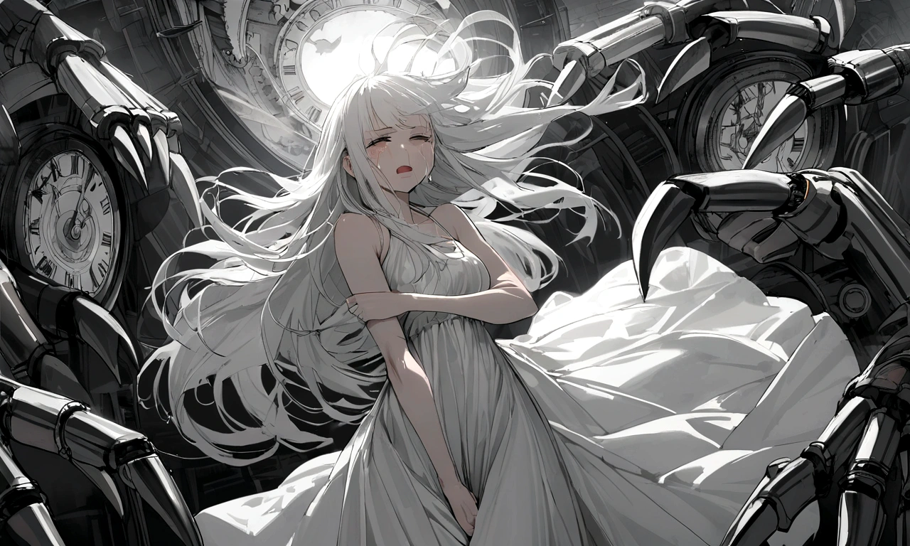 black and white drawing, Clockwork background with giant claws, mechanical tongs pull a woman, Woman&#39;s body being dragged by mechanical tongs, beautiful woman 1, white long straight hair, white hair, wearing a white dress, the wind blows strongly, crying expression, cry, shout, reject.