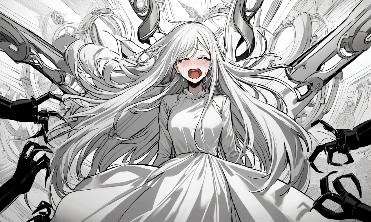 black and white drawing, Clockwork background with giant claws, mechanical tongs pull a woman, Woman's body being dragged by mechanical tongs, beautiful woman 1, white long straight hair, white hair, wearing a white dress, the wind blows strongly, crying expression, cry, shout, reject.