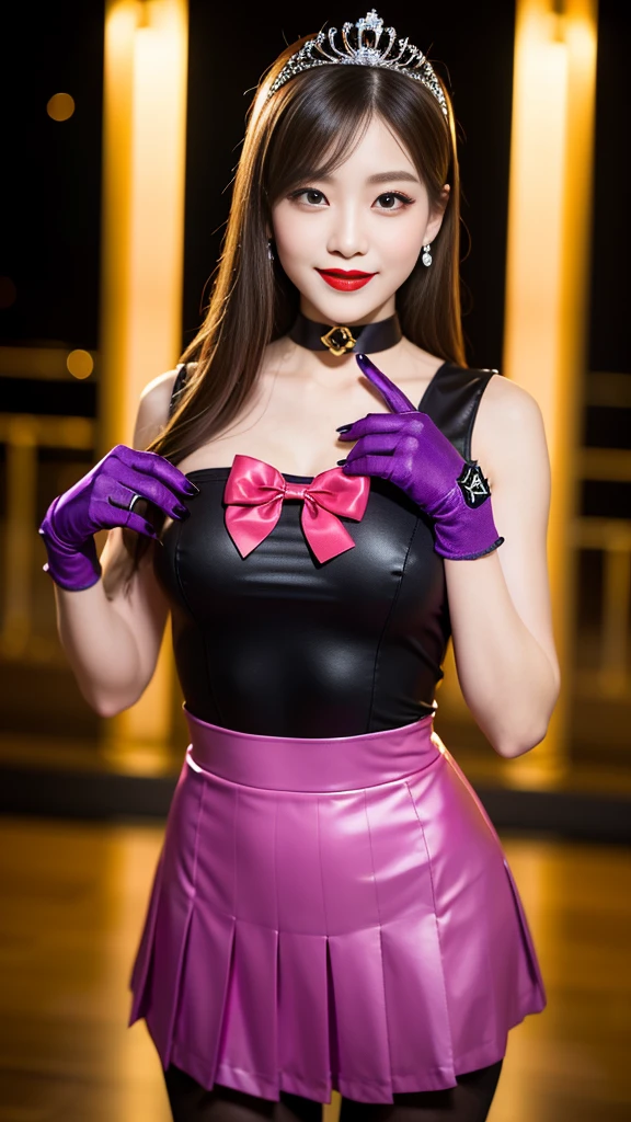 best quality、ultra-detailed、8K、Japanese、Japanese、Seductive beauty、seductive adult woman、Pretty Woman、cool girl、smirk、Wicked Smile、masterpiece、best quality、highres、1girl、独奏、slender、looking at viewer、standing、sv1、1, sailor senshi uniform, purple skirt, pleated skirt, Miniskirt, purple sailor collar, elbow gloves, black gloves, tiara, hair bow, red bow, choker, purple choker, black leotard, blonde hair, very long hair, jewelry, grin, blush, blonde hair,young, beautiful Japanese actress wearing villainous costume inspired by female demon. costume is glossy bodysuit with pink and black color scheme. Her headpiece and makeup are uniquely themed around lipstick and cosmetic bottles, with headpiece. Her makeup features villainous-style, with bold lipstick and dramatic eyeshadow. She is smiling enticingly, capturing essence of charismatic but dangerous character, action battle pose. at night, outdoor, town、Brown hair、wavy hair、swept bangs、piercing eyes、skin color pantyhose、night、inside darkroom、hand hold pantyhose、Are standing、shoot from below、Offer、shoot from below、Swear allegiance、I have pledged my allegiance、