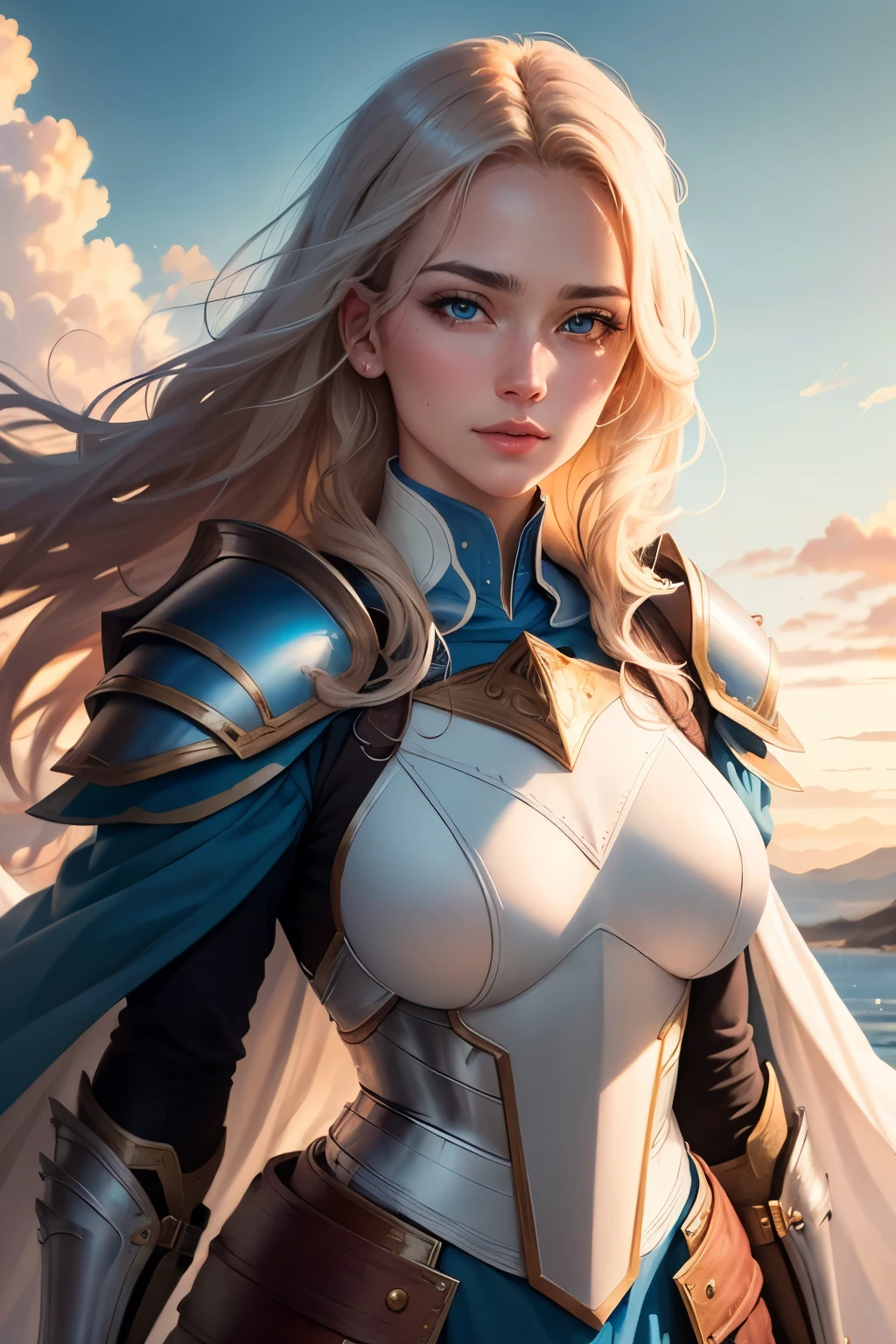 ((best qualityer)), ((work of art)), (detailded), 8K, 4K, hight contrast, work of art, , (centralized), ((1womanl)), Super detailded, lindo rosto detailded, lindos olhos detaildeds, beautiful detailed mouth, light pink hair, long light brown hair, wavy light brown hair, blue colored eyes, white medieval armor with metallic details, shoulderpads, long white cape, white gauntlets, white gloves calm facial expression, standing upright, gazing at viewer, centred, Above clouds with clear skies, clear lighting, detailed shadows