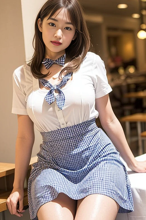 ooki masterpiece、Highest quality、Ultra-high resolution、(Photorealistic:1.6)、1 girl、(Long Hair:1.5)、(round face:1.3)、(Gingham check suspender apron:1.3)、(Plain blue high waist skirt:1.3)、(Apron skirt:1.2)、(White blouse:1.3)、(Double-breasted、Underbust:1.2)、Short sleeve、Button Gap、(Plump body:1.2)、(Smooth Skin:1.1)、Dynamic pose、(chest:1.2)、Cafe、restaurant、Red lipstick、Disheveled Hair、Spreading her legs、((Thighs))、