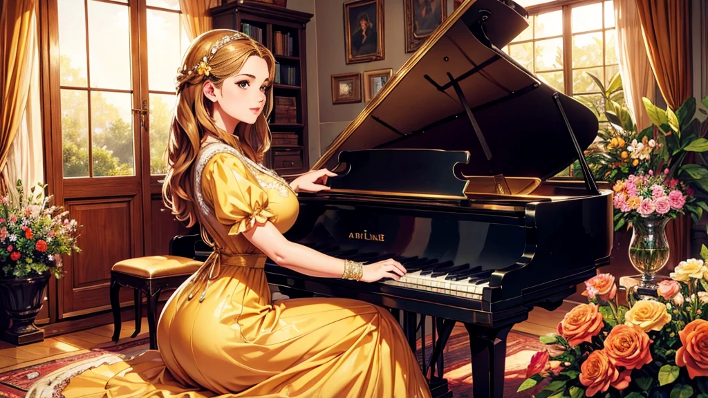 A beutiful realistic scene of a lady in a old fashioned dress; the background is large and vintage, a ancient house with a golden piano and a lot of flowers; masterpiece; perfect face;