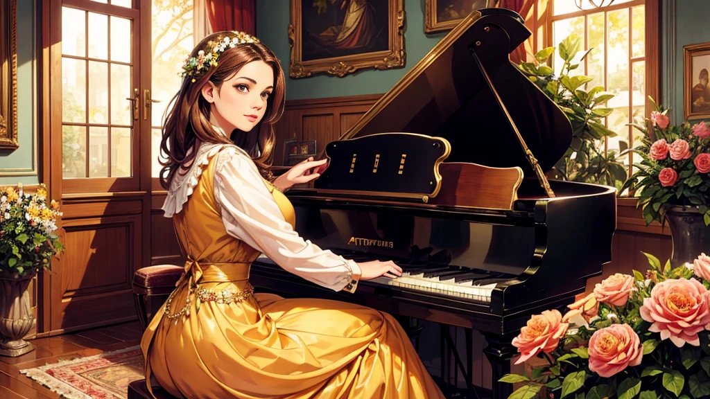 A beutiful realistic scene of a lady in a old fashioned dress; the background is large and vintage, a ancient house with a golden piano and a lot of flowers; masterpiece; perfect face;