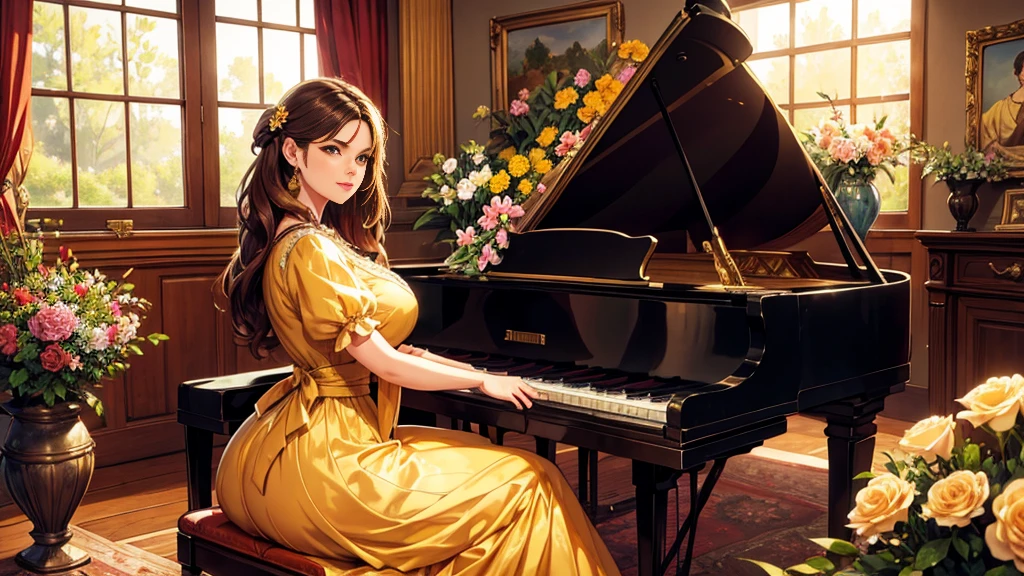 A beutiful realistic scene of a lady in a old fashioned dress; the background is large and vintage, a ancient house with a golden piano and a lot of flowers; masterpiece; perfect face; 