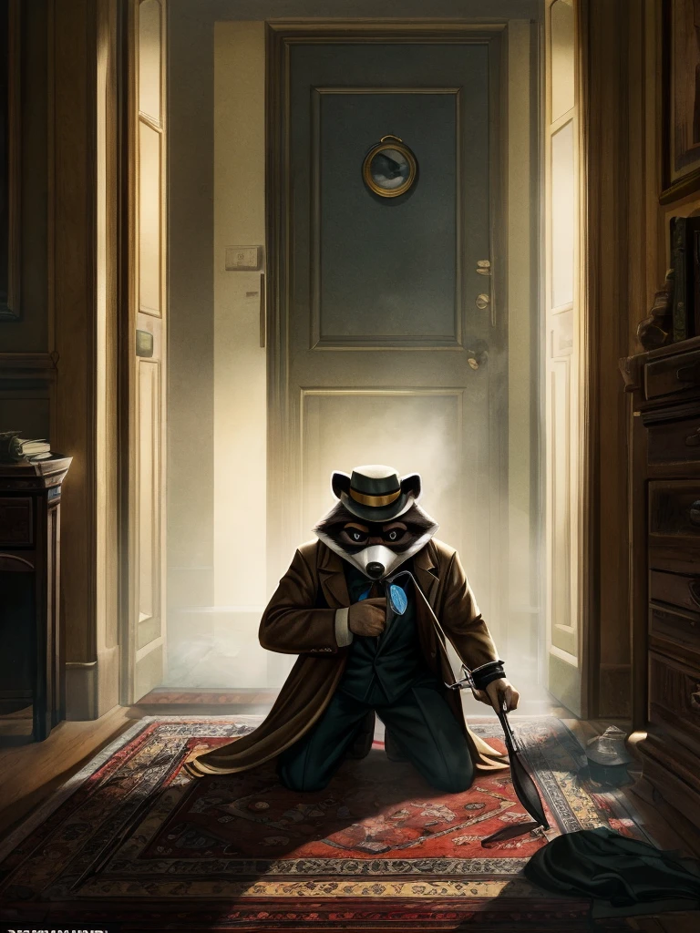 A raccoon detective investigates a crime scene, wearing a monocle and a trenchcoat, examining footprints on a carpet using a magnifying glass. the whole image looks like a movie still from a 1960s spy movie . The atmosphere is dark, but with good lighting on the raccoons face. On the right side, a small doorway illuminates a stuffy room , with dust shimmering in the light coming through the door. The raccoon is kneeling on the carpet, sniffing at some evidence 