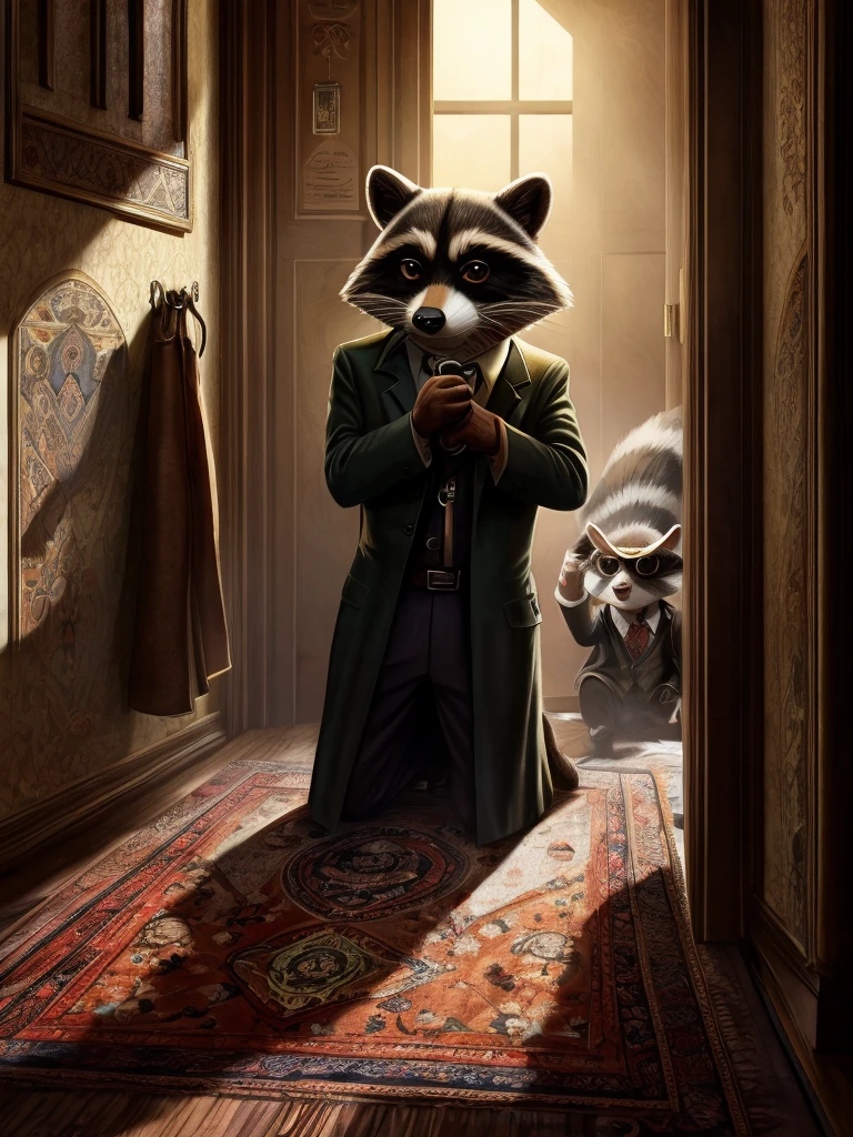 A raccoon detective investigates a crime scene, wearing a monocle and a trenchcoat, examining footprints on a carpet using a magnifying glass. the whole image looks like a movie still from a 1960s spy movie . The atmosphere is dark, but with good lighting on the raccoons face. On the right side, a small doorway illuminates a stuffy room , with dust shimmering in the light coming through the door. The raccoon is kneeling on the carpet, sniffing at some evidence 