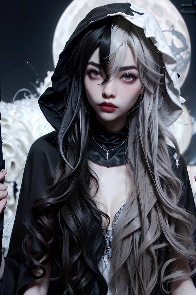 ((best quality)), ((masterpiece)), (detailed), 1girl, solo, beautiful, gothic, witch, gloomy, Asian woman, mature woman, black clothing, hooded black robe, modest clothing, hood up, goddess of death, blank expression, stoic expression, serious expression, split dye hair, multicolored hair, black and white hair, black dye on right side, white hair on left side, messy hair, bangs, black eyebrows, thick eyebrows, long eyelashes, grey eyes, dark circles under eyes, tired look, small breasts, plump lips, red lipstick, red lips, no skin showing, skinny, pale skin, thin, sickly looking, looking at viewer, holding scythe, in graveyard, Wylona Hayashi, all black clothing, black hood, full body shot, cemetery background, standing, standing in a cemetery, holding scythe, windy, wind blowing, black long sleeves, black witch clothing, black religious clothing, moon background, moon and graveyard background