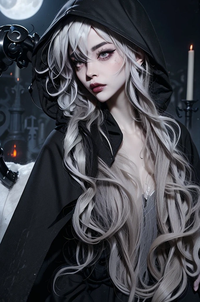 ((best quality)), ((masterpiece)), (detailed), 1girl, solo, beautiful, gothic, witch, gloomy, Asian woman, mature woman, black clothing, hooded black robe, modest clothing, hood up, goddess of death, blank expression, stoic expression, serious expression, split dye hair, multicolored hair, black and white hair, black dye on right side, white hair on left side, messy hair, bangs, black eyebrows, thick eyebrows, long eyelashes, grey eyes, dark circles under eyes, tired look, small breasts, plump lips, red lipstick, red lips, no skin showing, skinny, pale skin, thin, sickly looking, looking at viewer, holding scythe, in graveyard, Wylona Hayashi, all black clothing, black hood, full body shot, cemetery background, standing, standing in a cemetery, holding scythe, windy, wind blowing, black long sleeves, black witch clothing, black religious clothing, moon background, moon and graveyard background