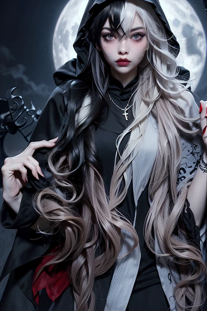 ((best quality)), ((masterpiece)), (detailed), 1girl, solo, beautiful, gothic, witch, gloomy, Asian woman, mature woman, black clothing, hooded black robe, modest clothing, hood up, goddess of death, blank expression, stoic expression, serious expression, split dye hair, multicolored hair, black and white hair, black dye on right side, white hair on left side, messy hair, bangs, black eyebrows, thick eyebrows, long eyelashes, grey eyes, dark circles under eyes, tired look, small breasts, plump lips, red lipstick, red lips, no skin showing, skinny, pale skin, thin, sickly looking, looking at viewer, holding scythe, in graveyard, Wylona Hayashi, all black clothing, black hood, full body shot, cemetery background, standing, standing in a cemetery, holding scythe, windy, wind blowing, black long sleeves, black witch clothing, black religious clothing, moon background, moon and graveyard background