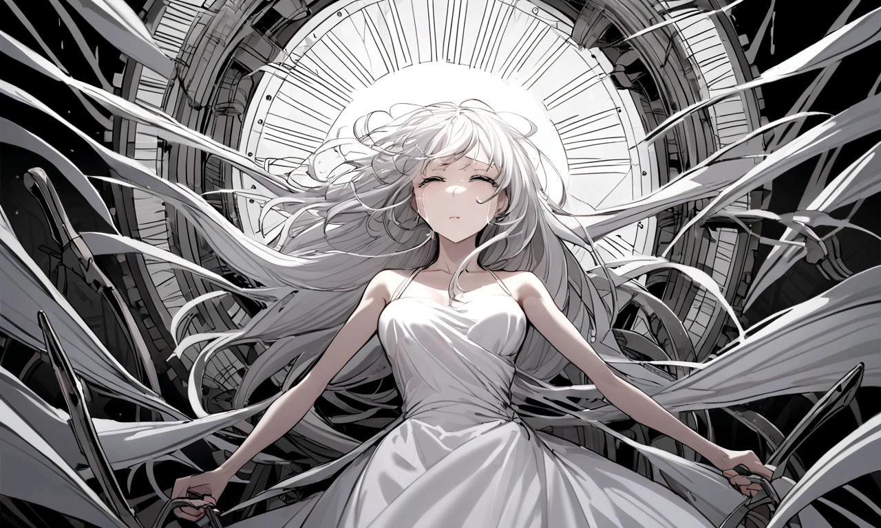 black and white drawing, Clockwork background with giant claws, mechanical tongs pull a woman, Woman's body being dragged by mechanical tongs, beautiful woman 1, white long straight hair, white hair, wearing a white dress, the wind blows strongly, crying expression, cry, shout, reject.