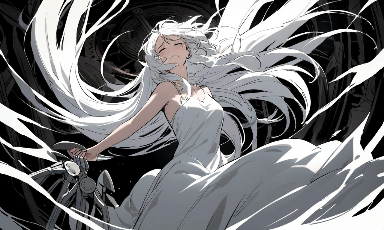 black and white drawing, Clockwork background with giant claws, mechanical tongs pull a woman, Woman's body being dragged by mechanical tongs, beautiful woman 1, white long straight hair, white hair, wearing a white dress, the wind blows strongly, crying expression, cry, shout, reject.