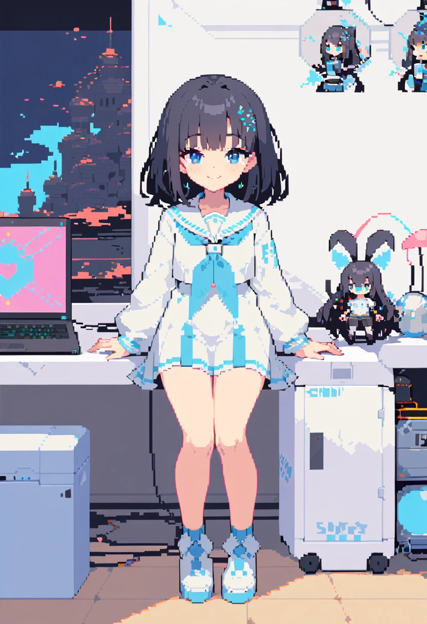 Pixel Art, An anime-style young girl with short bluely black hair, large blue eyes, a plain white long T-shirt　sailor uniform reaching to her knees, standing straight, holding a laptop PC, smiling, electronic near-future vibe.
