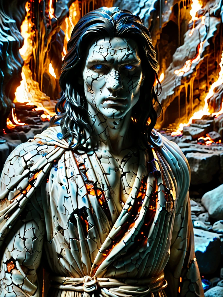male, in a dark cave with dim light, 800bc, closeup cracks in statue with ral-lava, lava dripping through the cracks ral-porcelain, at night, gray robes, long black hair, black hair, blue eyes, bright blue eyes