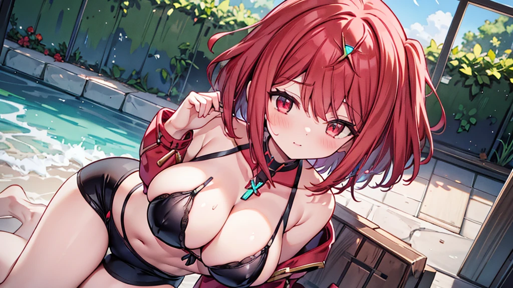 Pyra de Xenoblade, long red hair, neckleace, breasts big, sexy hentai girl, best qualityer