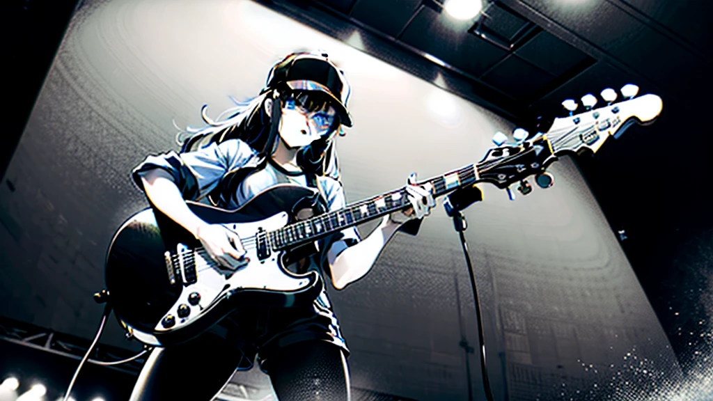 (((grayscale)))(masterpiece:1.2, Highest quality), (Graffiti wall:1.15), One woman, Beanie, Jacket, leggings, blue eyes, whole body,masterpiece, Highest quality, Highly detailed CG, (Intricate details:1.2), 8k wallpaper, One girl, alone , gray , guitar, (holding guitar:1.2), sing, Are standing, Stage lighting, (Mike stand:1.2),a young woman with an electric guitar, black shorts, blue eyes, alone, shirt, Black Hair, Baseball cap, white shirt, View your viewers, 長いBlack Hair, Short sleeve, Long Hair