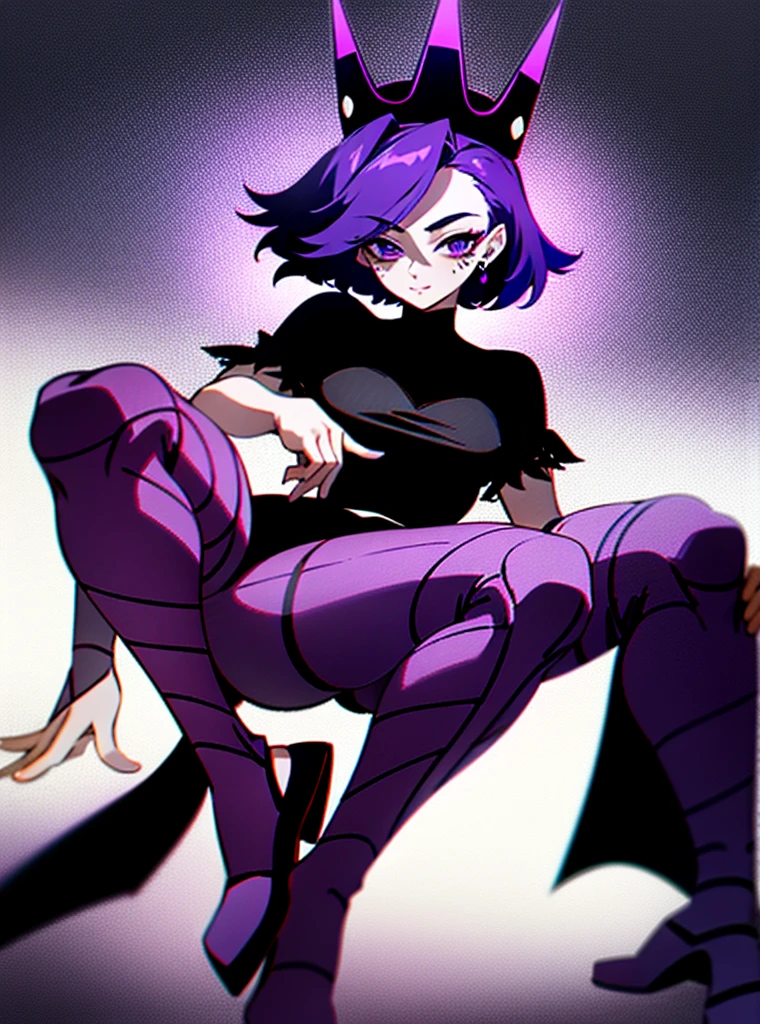 1 girl with short hair half dark blue and half dark purple, with a dark sports shirt, dark purple eyeliner, an infernal crown on her head, black shorts and heels, a cape, mesh stockings, long ones, delicious, with black and purple marks on the skin, sit down