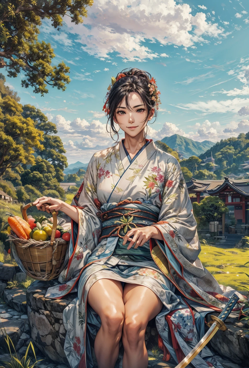 Sengoku period、Summer vegetables in a bamboo basket、Beside him is a Japanese sword in its sheath、Grass behind、sitting on a stone、There is a leaf on the left、Summer Clouds、Beautiful smile、Long hair blowing in the wind