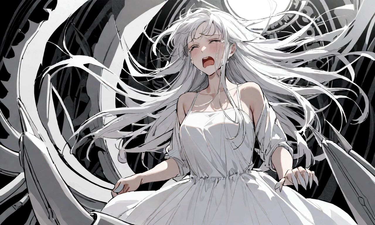 black and white drawing, Clockwork background with giant claws, mechanical tongs pull a woman, Woman's body being dragged by mechanical tongs, beautiful woman 1, white long straight hair, white hair, wearing a white dress, the wind blows strongly, crying expression, cry, shout, reject.