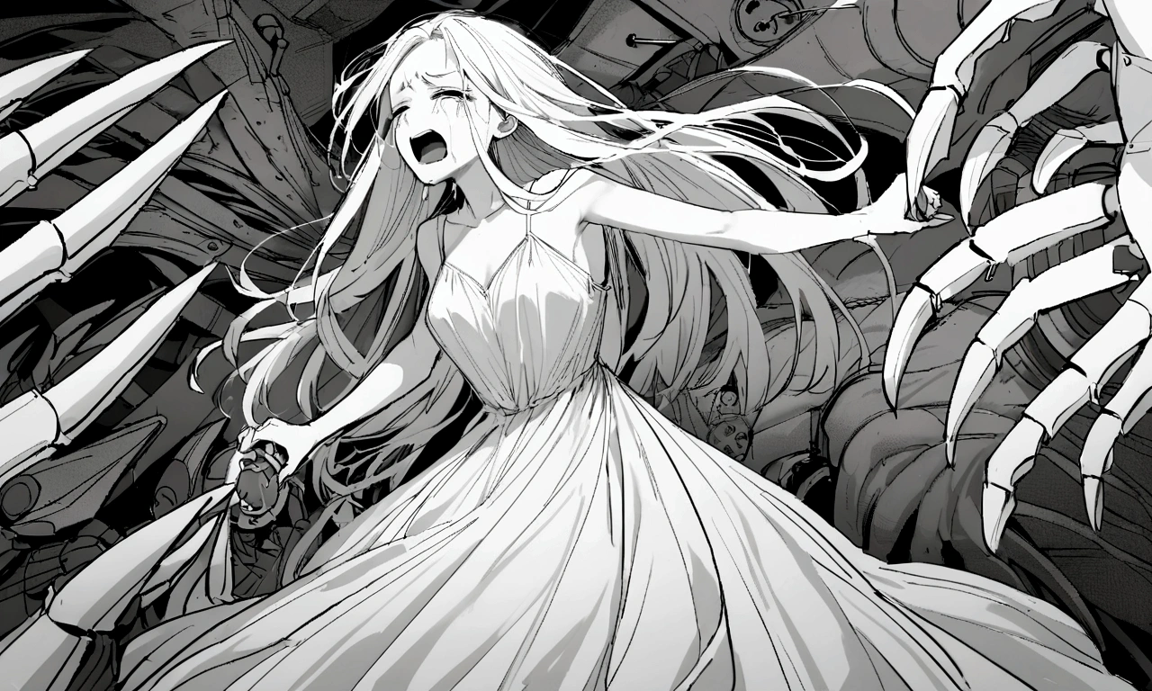 black and white drawing, Clockwork background with giant claws, mechanical tongs pull a woman, Woman&#39;s body being dragged by mechanical tongs, beautiful woman 1, white long straight hair, white hair, wearing a white dress, the wind blows strongly, crying expression, cry, shout, reject.