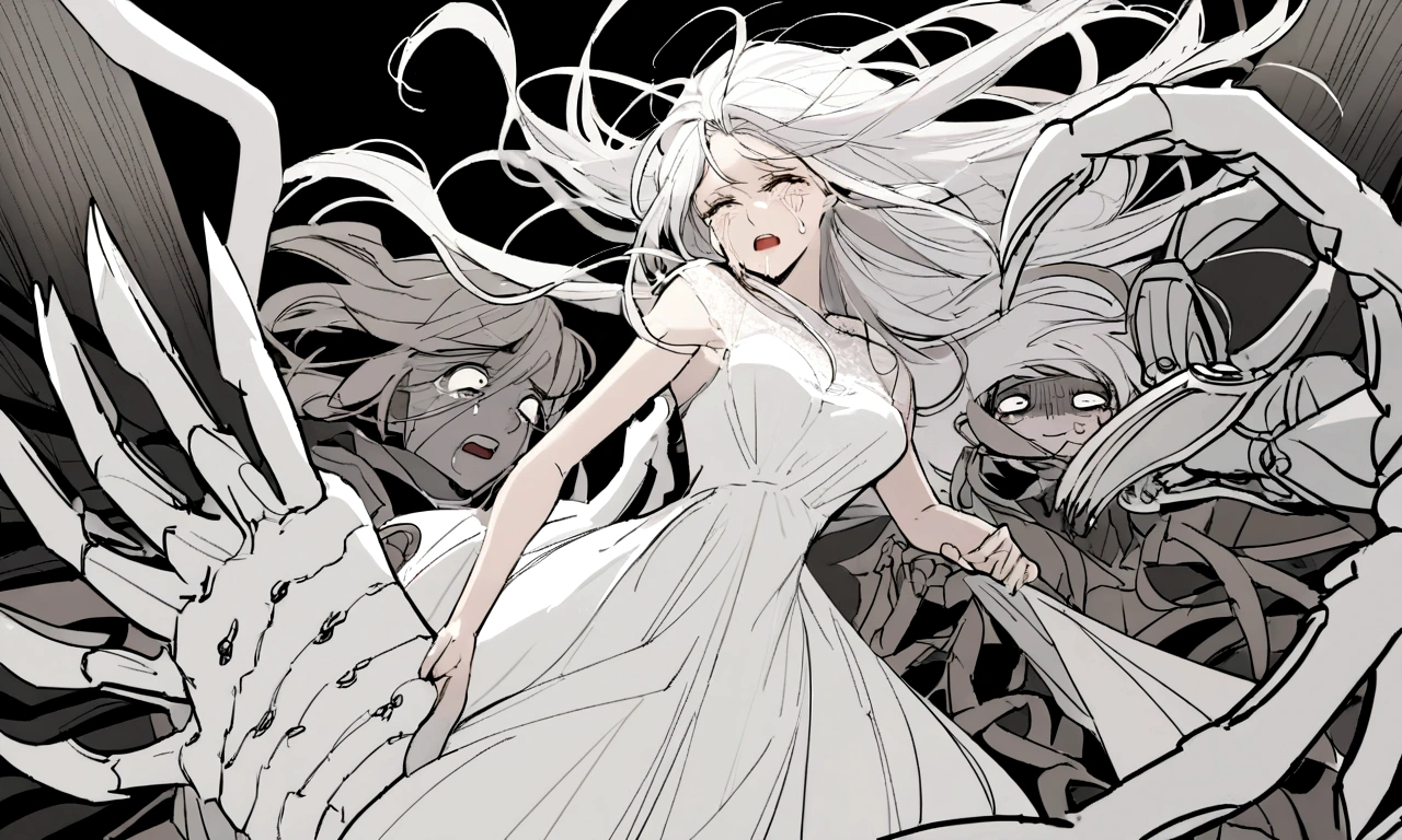 black and white drawing, Clockwork background with giant claws, mechanical tongs pull a woman, Woman's body being dragged by mechanical tongs, beautiful woman 1, white long straight hair, white hair, wearing a white dress, the wind blows strongly, crying expression, cry, shout, reject.