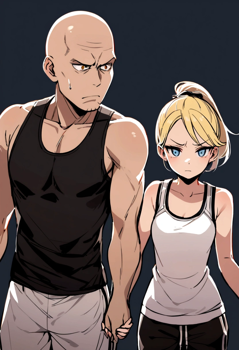 bald man wearing black wife beater and sweatpants with brown eyes and serious face holding hands with a girl that has a blonde ponytail and blue eyes cute expression