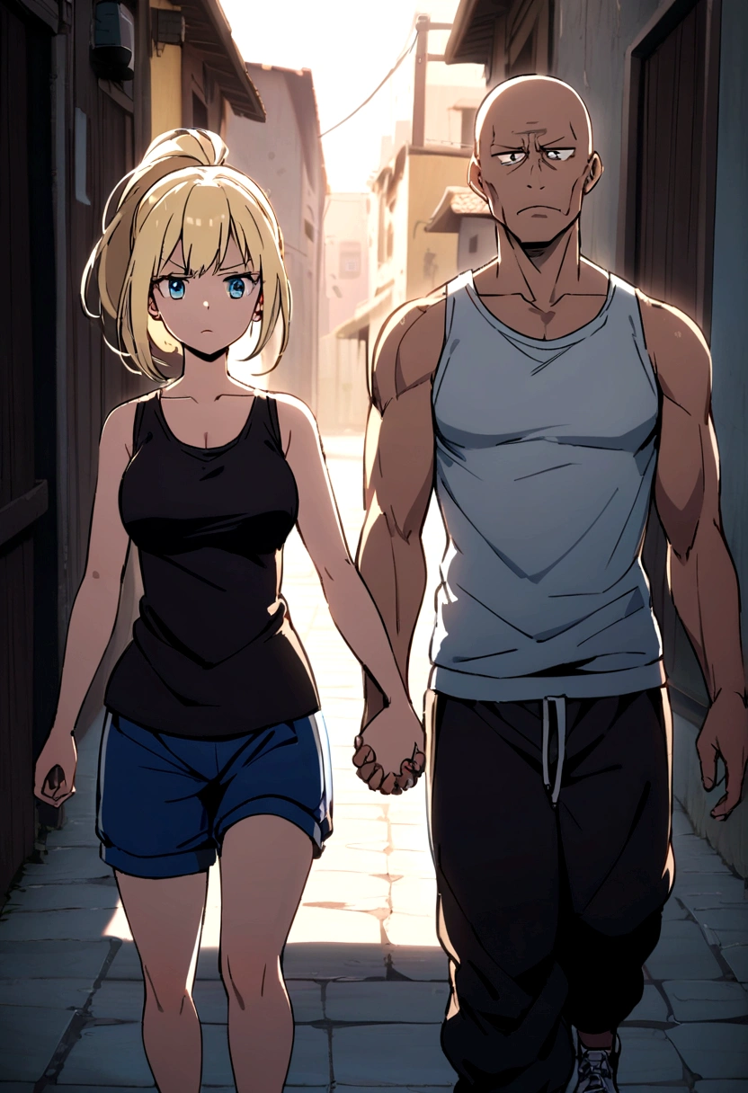 bald man wearing black wife beater and sweatpants with brown eyes and serious face holding hands with a girl that has a blonde ponytail and blue eyes cute expression