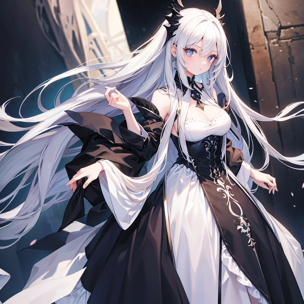 make a female character, she must have long white hair, your dress is black and has a low neckline, Plus she&#39;s in a futuristic setting. your face should have a sensual expression and be mature. your eyes must be red