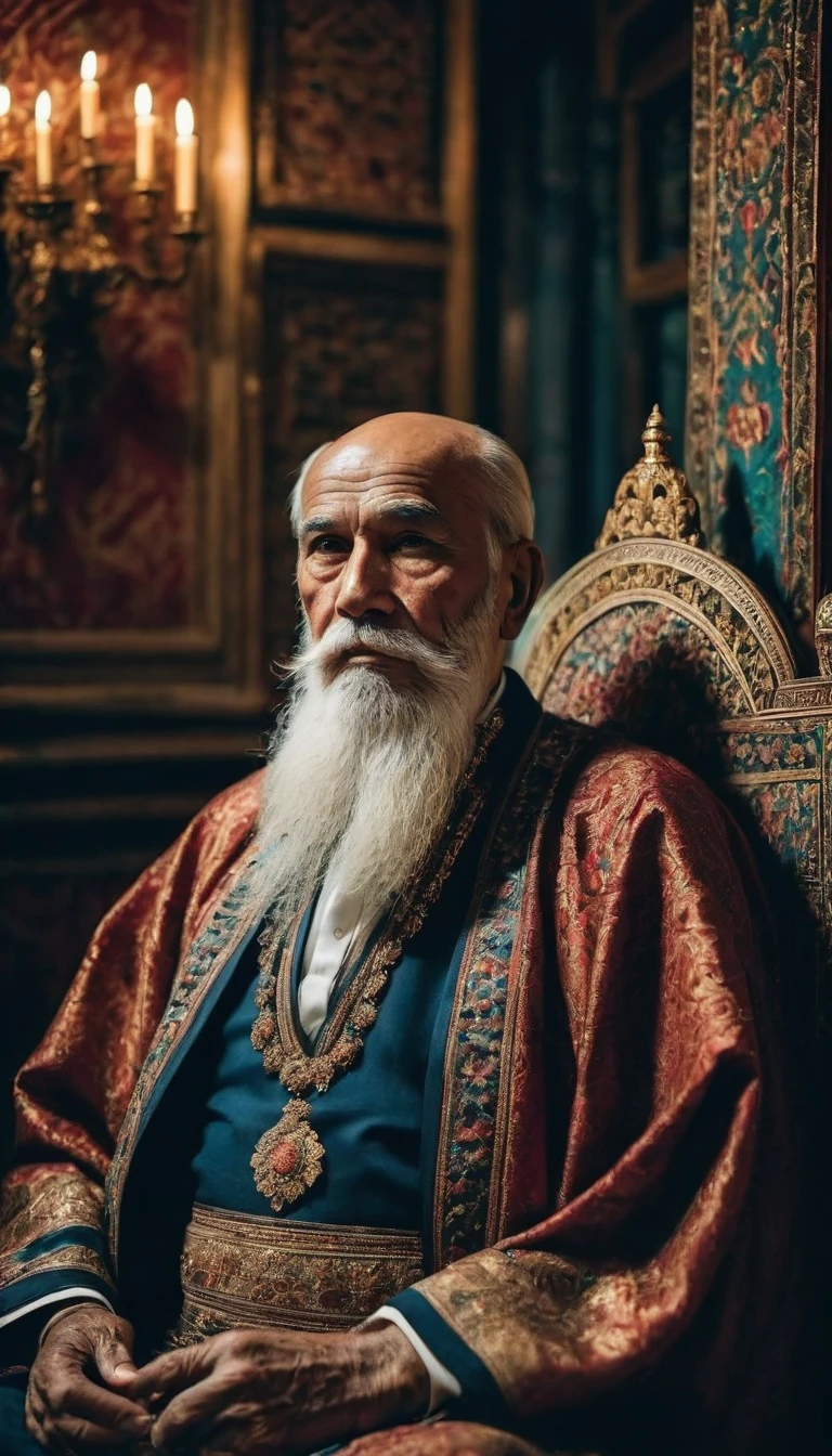 a elderly man 95 years old, naked, (extremely Full long beard, mustache), receding hairline, inflated face, Chubby face, A king of ancient Baghdad, with a long and robust beard, is smoking a cigarette in a room filled with smoke. He wears rich, embroidered royal garments. The opulent room is decorated with colorful tapestries, silk pillows, and ornate furniture, softly lit by oil lamps, creating a dense and mysterious atmosphere, Focus in face, uhd, 4k, masterpierce, high resolution