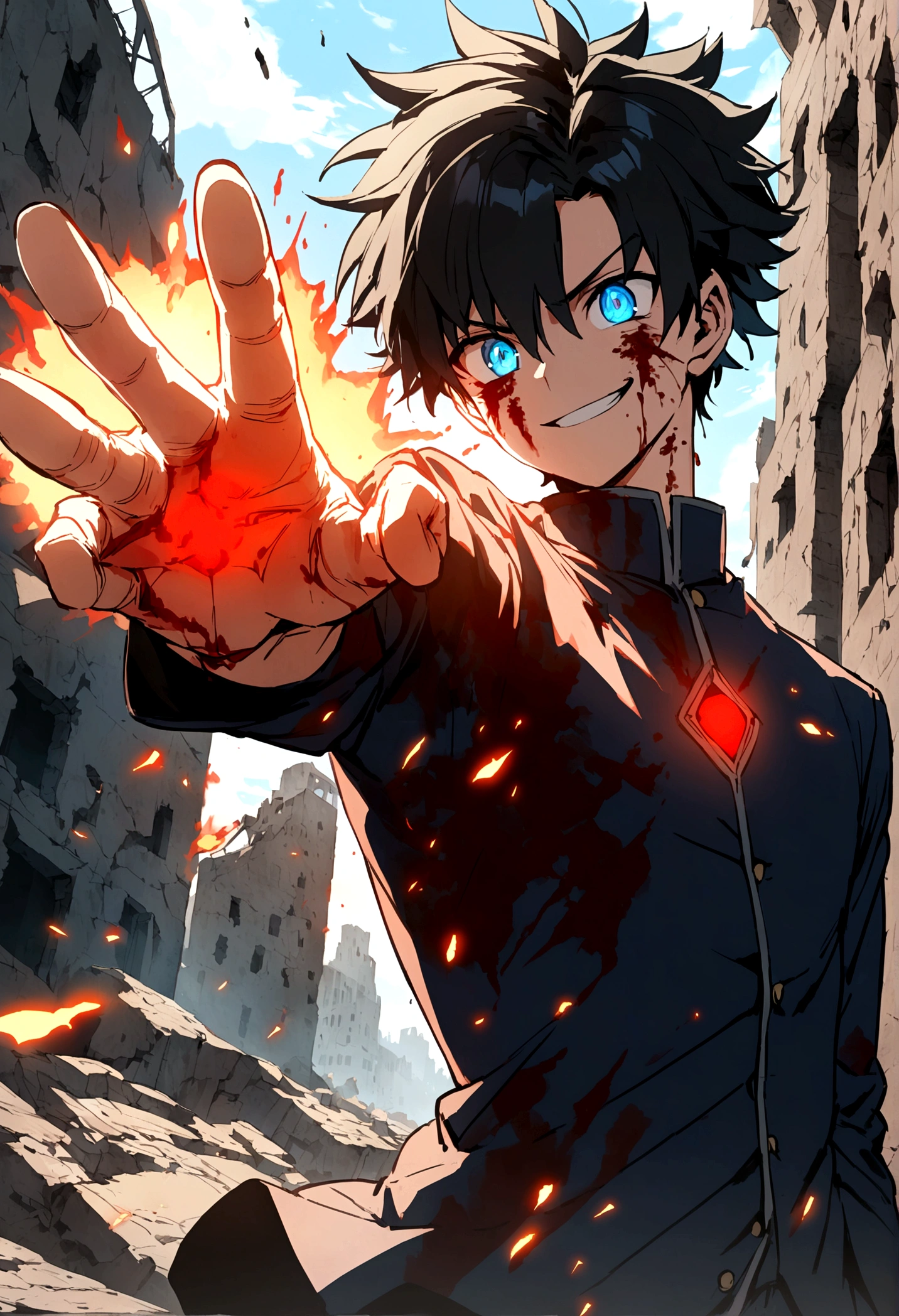 Anime  boy who has Black hair with glowing blue eyes that looks like gojo's eyes wearing Jujutsu high uniform charging a red glowing blast above his 2 fingers as he forms a gun hand sign while smirking  with his mouth opened as his eyes glowing blue and wide opened looks so rare background city ruins  his face was covered with blood and he has some body injuries as he's about to shoot the red blast in a fighting scene 