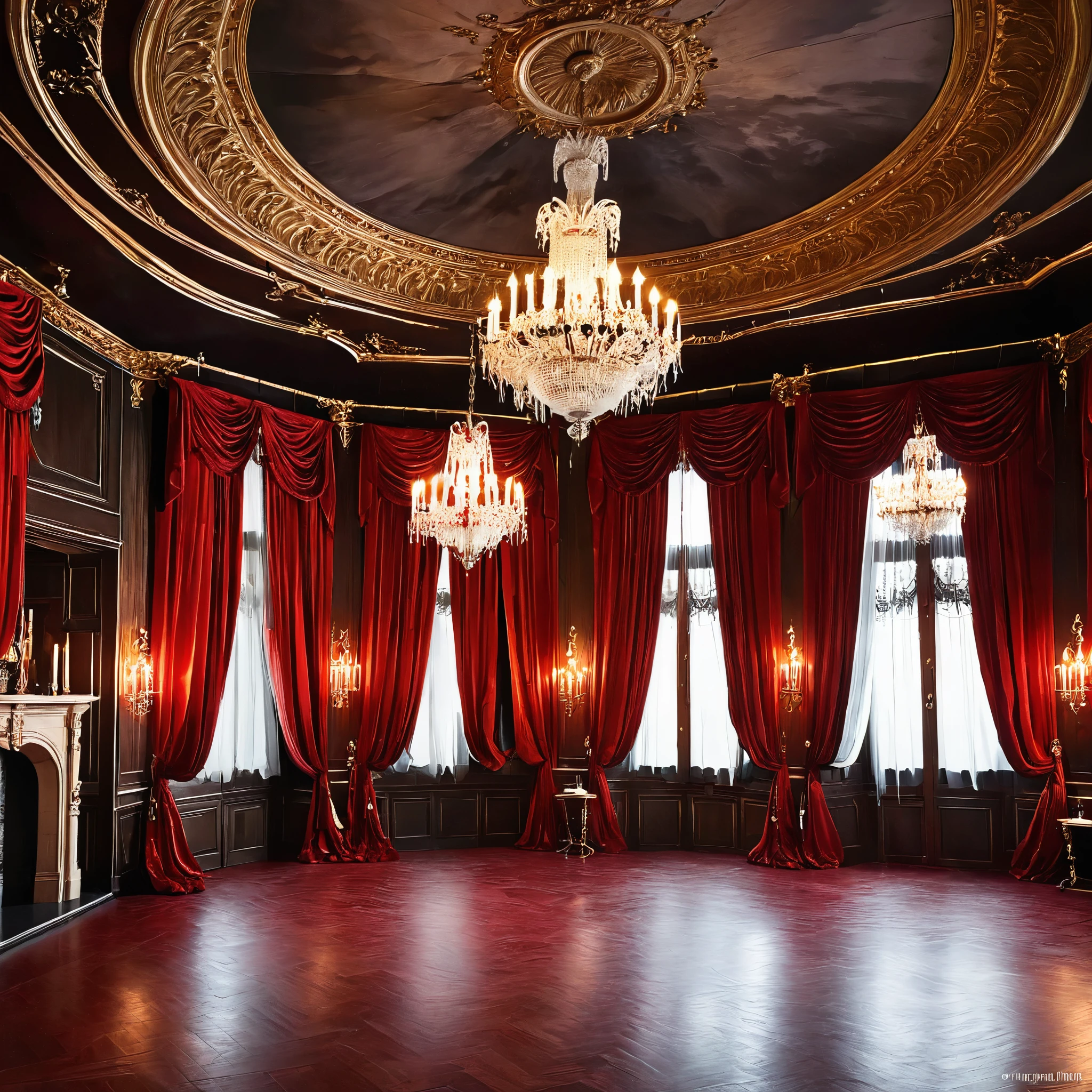 Create a grand, Gothic ballroom where vampires dance under the pale light of a full moon. Adorn the room with elegant, blood-red drapes and ornate chandeliers.