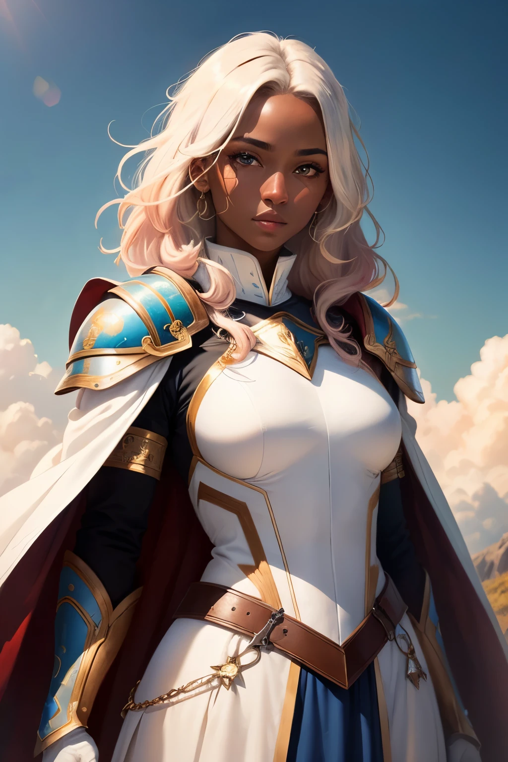 ((best qualityer)), ((work of art)), (detailded), 8K, 4K, hight contrast, work of art, , (centralized), ((1womanl)),(dark skin color) Super detailded, lindo rosto detailded, lindos olhos detaildeds, beautiful detailed mouth, light pink hair, long light brown hair, wavy light brown hair, blue colored eyes, white medieval armor with metallic details,  shoulderpads, long white cape, white gauntlets, white gloves calm facial expression, standing upright, gazing at viewer, centred, Above clouds with clear skies, clear lighting, detailed shadows 
