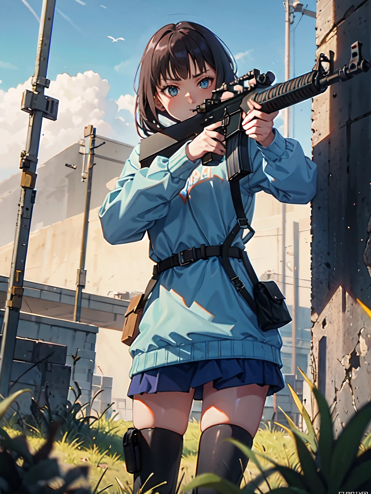 (masterpiece, best quality:1.2), solo, 1girl, using an m16a2, cowboy shot, cinematic composition, dynamic pose, sweater