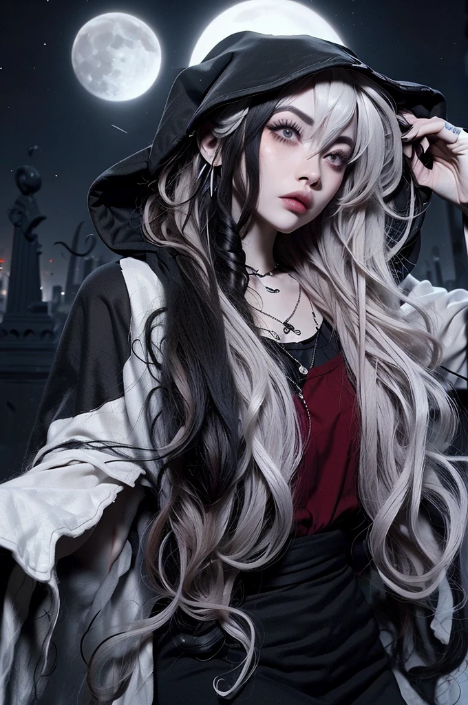 ((best quality)), ((masterpiece)), (detailed), 1girl, solo, beautiful, gothic, witch, gloomy, Asian woman, mature woman, black clothing, hooded black robe, modest clothing, hood up, goddess of death, blank expression, stoic expression, serious expression, split dye hair, multicolored hair, black and white hair, black dye on right side, white hair on left side, messy hair, bangs, black eyebrows, thick eyebrows, long eyelashes, grey eyes, dark circles under eyes, tired look, small breasts, plump lips, red lipstick, red lips, no skin showing, skinny, pale skin, thin, sickly looking, looking at viewer, holding scythe, in graveyard, Wylona Hayashi, all black clothing, black hood, full body shot, cemetery background, standing, standing in a cemetery, holding scythe, windy, wind blowing, black long sleeves, black witch clothing, black religious clothing, moon background, moon and graveyard background