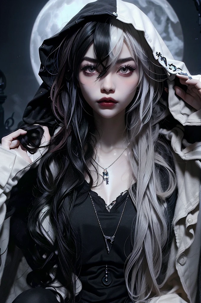 ((best quality)), ((masterpiece)), (detailed), 1girl, solo, beautiful, gothic, witch, gloomy, Asian woman, mature woman, black clothing, hooded black robe, modest clothing, hood up, goddess of death, blank expression, stoic expression, serious expression, split dye hair, multicolored hair, black and white hair, black dye on right side, white hair on left side, messy hair, bangs, black eyebrows, thick eyebrows, long eyelashes, grey eyes, dark circles under eyes, tired look, small breasts, plump lips, red lipstick, red lips, no skin showing, skinny, pale skin, thin, sickly looking, looking at viewer, holding scythe, in graveyard, Wylona Hayashi, all black clothing, black hood, full body shot, cemetery background, standing, standing in a cemetery, holding scythe, windy, wind blowing, black long sleeves, black witch clothing, black religious clothing, moon background, moon and graveyard background