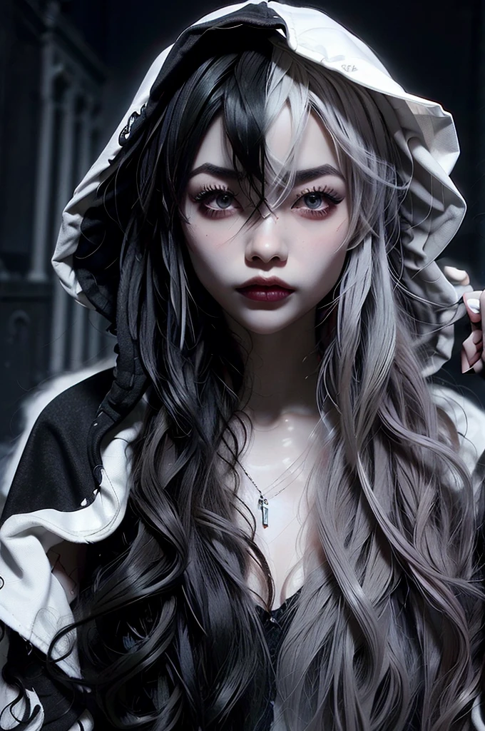 ((best quality)), ((masterpiece)), (detailed), 1girl, solo, beautiful, gothic, witch, gloomy, Asian woman, mature woman, black clothing, hooded black robe, modest clothing, hood up, goddess of death, blank expression, stoic expression, serious expression, split dye hair, multicolored hair, black and white hair, black dye on right side, white hair on left side, messy hair, bangs, black eyebrows, thick eyebrows, long eyelashes, grey eyes, dark circles under eyes, tired look, small breasts, plump lips, red lipstick, red lips, no skin showing, skinny, pale skin, thin, sickly looking, looking at viewer, holding scythe, in graveyard, Wylona Hayashi, all black clothing, black hood, full body shot, cemetery background, standing, standing in a cemetery, holding scythe, windy, wind blowing, black long sleeves, black witch clothing, black religious clothing, moon background, moon and graveyard background