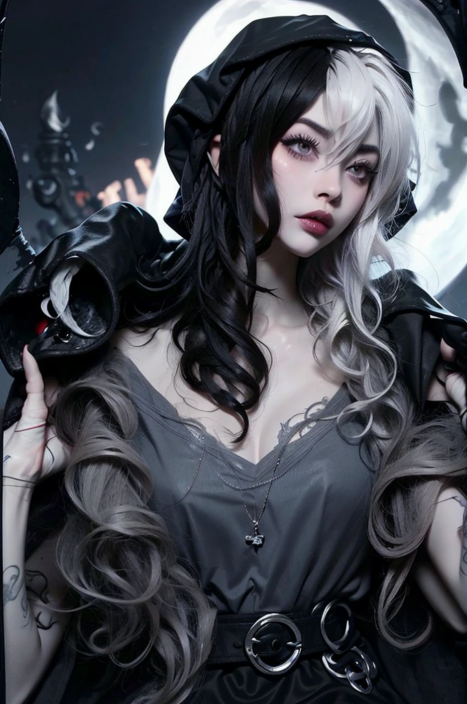 ((best quality)), ((masterpiece)), (detailed), 1girl, solo, beautiful, gothic, witch, gloomy, Asian woman, mature woman, black clothing, hooded black robe, modest clothing, hood up, goddess of death, blank expression, stoic expression, serious expression, split dye hair, multicolored hair, black and white hair, black dye on right side, white hair on left side, messy hair, bangs, black eyebrows, thick eyebrows, long eyelashes, grey eyes, dark circles under eyes, tired look, small breasts, plump lips, red lipstick, red lips, no skin showing, skinny, pale skin, thin, sickly looking, looking at viewer, holding scythe, in graveyard, Wylona Hayashi, all black clothing, black hood, full body shot, cemetery background, standing, standing in a cemetery, holding scythe, windy, wind blowing, black long sleeves, black witch clothing, black religious clothing, moon background, moon and graveyard background