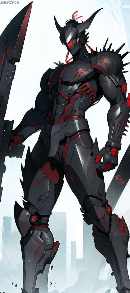 A demon from the anime Chainsaw Man, It has a hybrid hammer head, Warhammer Head, he has a gray muscular body, wearing no shirt, fully body, black hands, and look fierce, Human lips, bonitas, handsome, simple background.