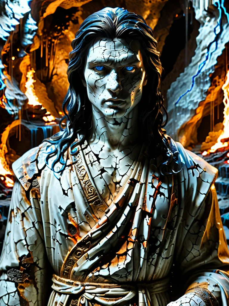 male, in a dark cave with dim light, 800bc, closeup cracks in statue with ral-lava, lava dripping through the cracks ral-porcelain, at night, gray robes, long black hair, black hair, blue eyes, bright blue eyes