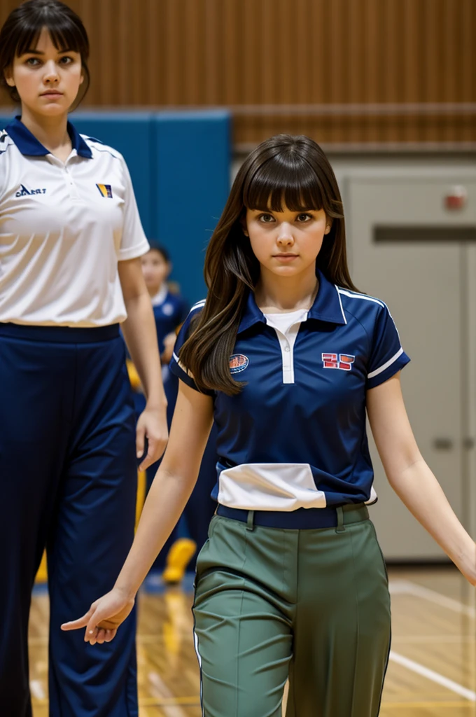 volleyball,Daughter,By bangs,petty eyes,brunette color hair,long trousers,Uniforms