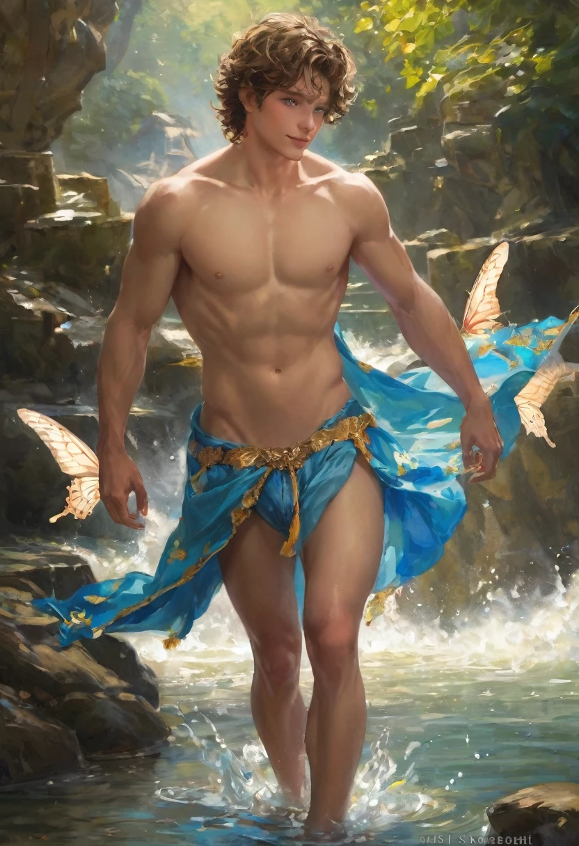 Mejor calidad,alta resolución:1.2),fullbody, In the digital art style of painting, a young man, fullbody, tall, white, medium brown wavy hair, naked, blue eyes, his face in Rococo style, realistic skin, realistic muscles, slender, no hair, detailed feet, beautiful smile, wearing shorts, detailed feet, big gluteous, big harmstrings, naked shirtless, pantless, barefoot, perfect anatomy, divine proportions,balanced composition, taking a bath in the river, surended by sirens and faries and butterflies, looking directly at the viewer, 16k resolution, ambient light, with highly intricate and precise details rebert ferri, paul cadmus , tinta, arte salpicado", Belleza extraordinaria , Royo, después del sexado, Super detailed splash art modern European tinta painting