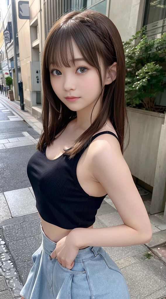 highest quality、Super high resolution、(Photoreal:1.4)、beautiful woman、japanese idol、21 years old、highly detailed eyes and face、beautiful and fine eyes、eyeliner、high nose、small face、natural sunlight、Depth of bounds written、blurred background、High resolution、8k wallpaper、finely、Highly detailed 8K wallpaper、hair length、light brown hair、neat wavy hairstyle、、very small breasts、realistic eyes, thin narrow eyes、beautiful eyes、laughter、crop top、Tank top、wear see-through shirtini skirt、in the street、thin、A thin、slender body line、Photographed from a side angle