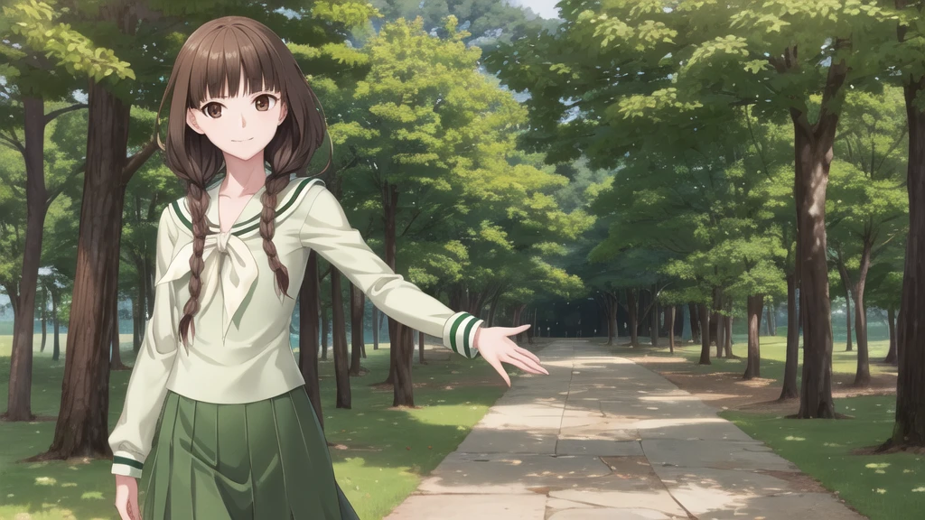 masterpiece, Highest quality, High resolution, aayoshino, Slender figure, Sickly,Long Hair, Twin Blade, Brown eyes, Hair that falls over the shoulders, , Sailor collar, neckerchief, Green Shirt, One piece sailor shirt, Long sleeve, Green Skirt, Long skirt, Are standing, Cowboy Shot, Outdoor, White Rose Garden, Person on the right, Shining Face