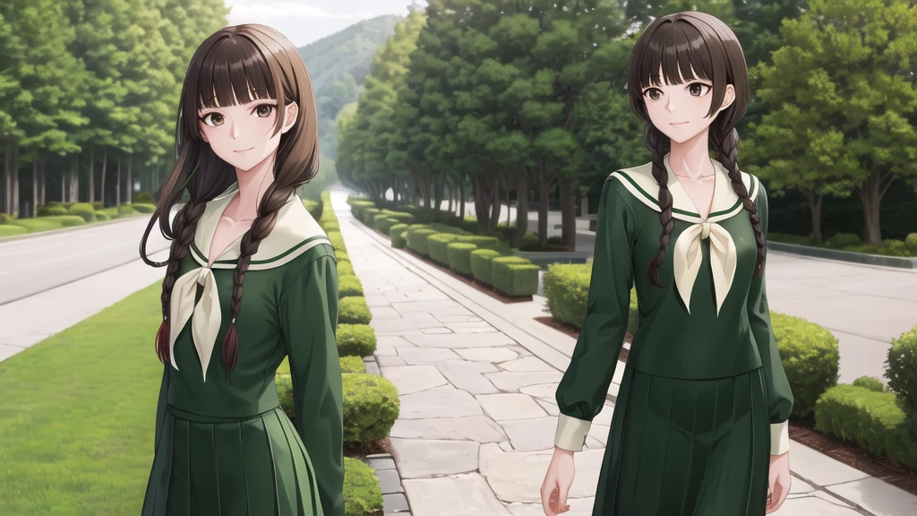 masterpiece, Highest quality, High resolution, aayoshino, Slender figure, Sickly,Long Hair, Twin Blade, Brown eyes, Hair that falls over the shoulders, , Sailor collar, neckerchief, Green Shirt, One piece sailor shirt, Long sleeve, Green Skirt, Long skirt, Are standing, Cowboy Shot, Outdoor, White Rose Garden, Person on the right, Shining Face