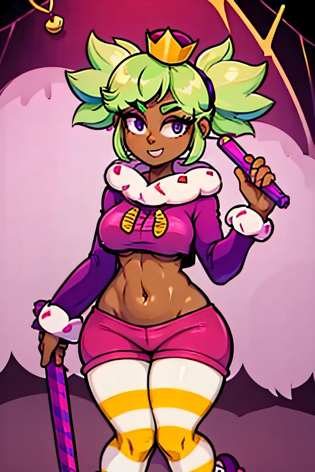Dark-skinned girl with pale lemon green hair with two large split ponytails that are 3-pointed with bangs that go to the right and a small crown on her head wearing a long-sleeved sweater that reaches to her navel and It is purple. Fully padded collar with small chocolate chips as decoration and at the end of the sleeves of the sweater there is also that same decoration, reddish pink shorts that reach above her navel and white yellow striped tights with small dark purple shoes decorated with pink bows,considerably large breasts medium chubby,making a sign of love and peace with a floating heart