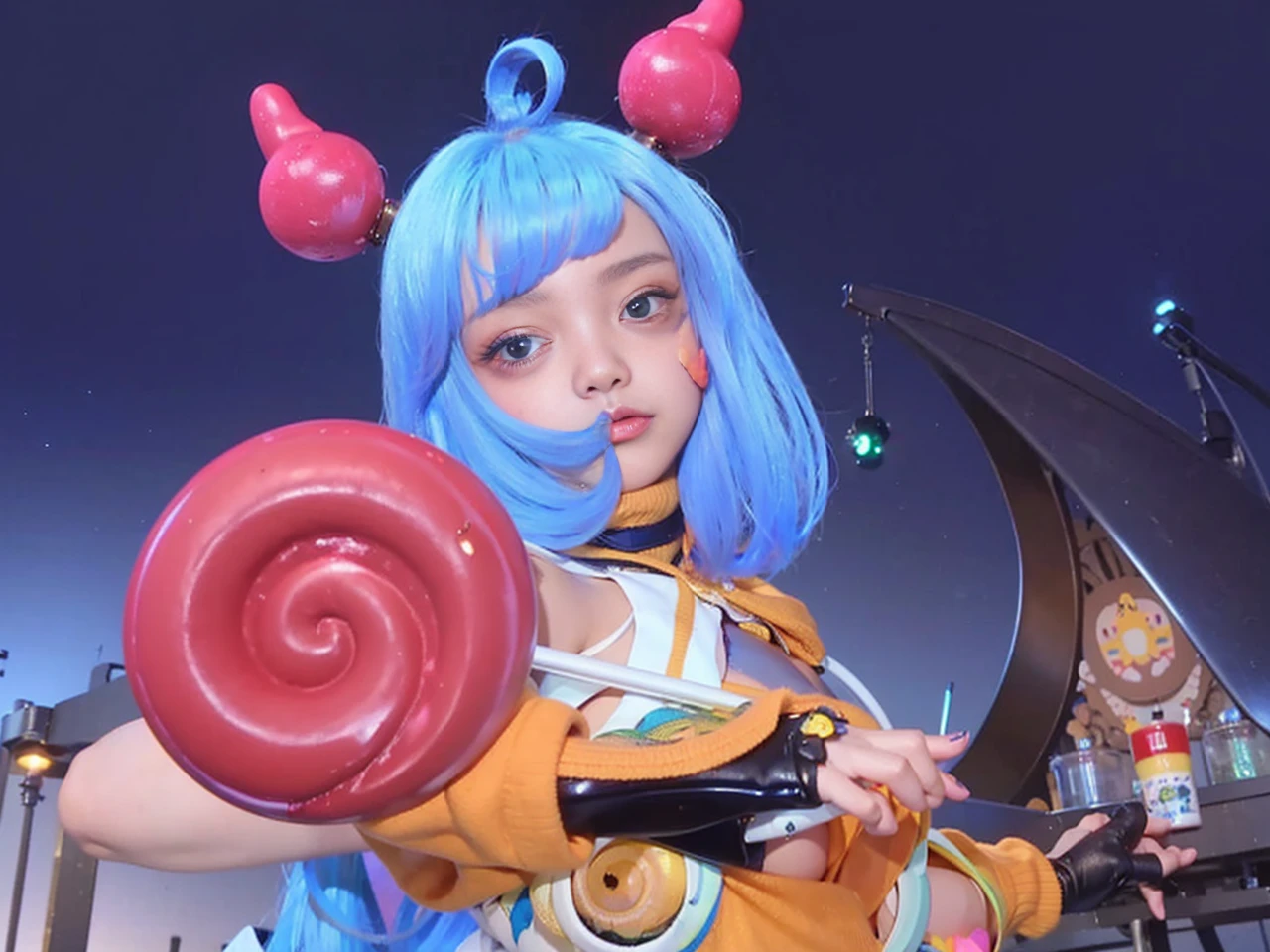 randome pose、top-quality、超A high resolution、(Photorealsitic:1.5)、1人、yellow sweater、(Blue hair:1.2)、(huge-breasted:1.2)、Classroom、looking at viewert、a closeup、full body Esbian、Nasty eyes