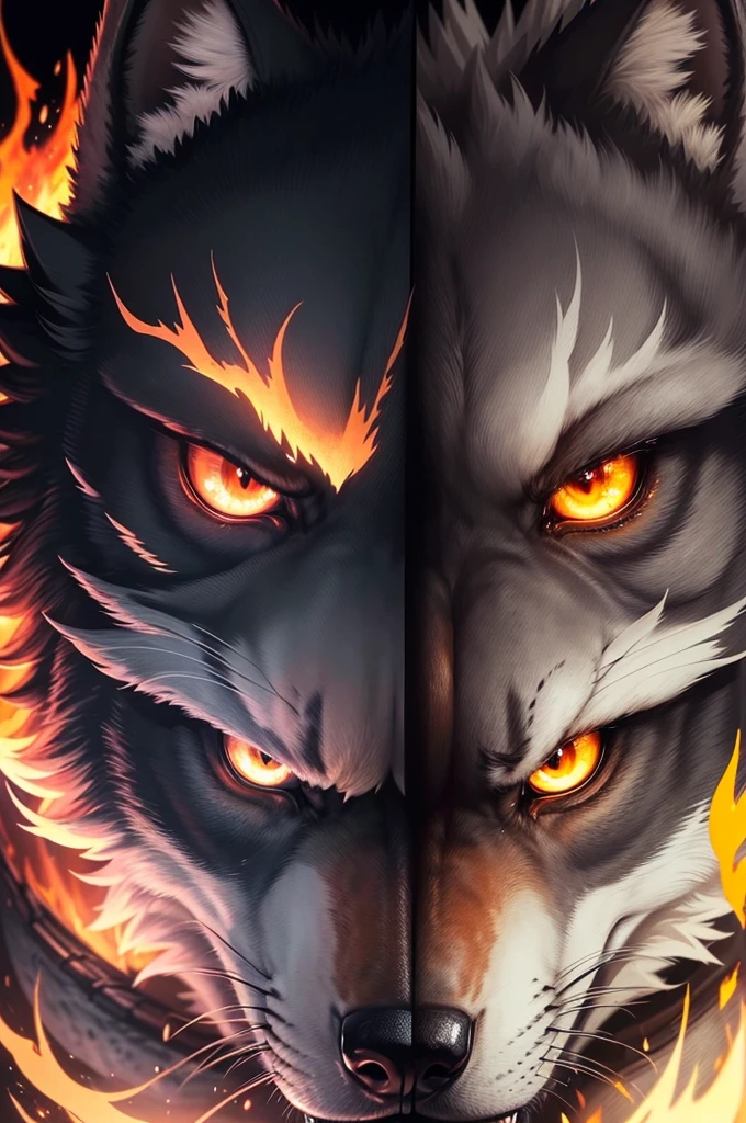 (Extremely detailed wallpaper of a wolf on fire in 8k),(work of art), (best qualityer), (ultra detali), (Best illustration),(melhor ombre), (ombre, detailedeyes:1.1), (burning battle background:1.2), ,break , mod3, to use as a profile, angry expression and growling, without human hands