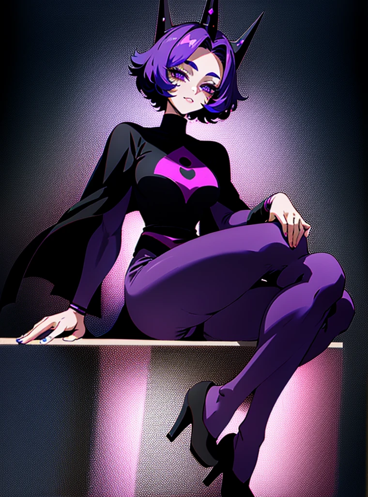 1 girl with short hair half dark blue and half dark purple, with a dark sports shirt, dark purple eyeliner, an infernal crown on her head, black shorts and heels, a cape, mesh stockings, long ones, delicious, with black and purple marks on the skin, sit down in stairs