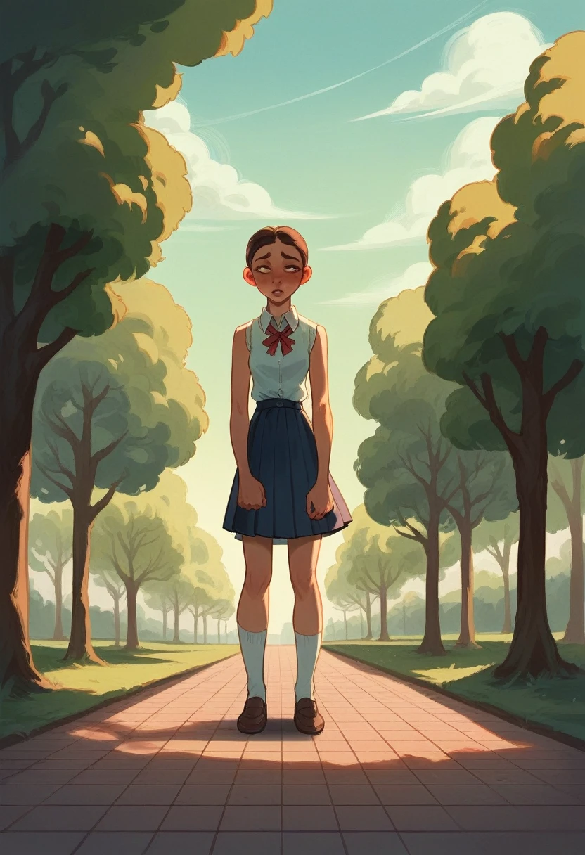 Sally Bolota, 1 girl, standing alone, Tree, sky, plein-air, overskirt, nube, maroon, body hair, floorset, lens, sheen, scenario, schoolyard, 's uniform, floor, Tuuli, far away, sleeveless, animal nose,showing her beautiful pink vagina with open legs masturbating