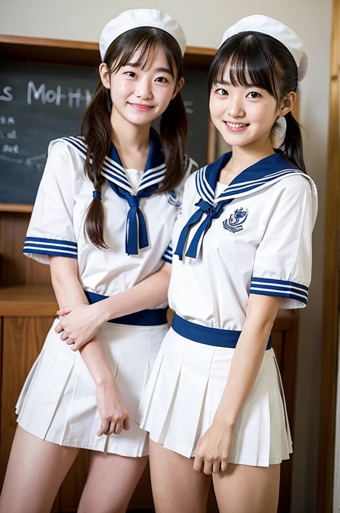 2 girls in wooden school classroom,white sailor shirt,white panties,18-year-old,bangs,a little smile,thighs,knees,short hair with low pigtails bunches,from below,front light