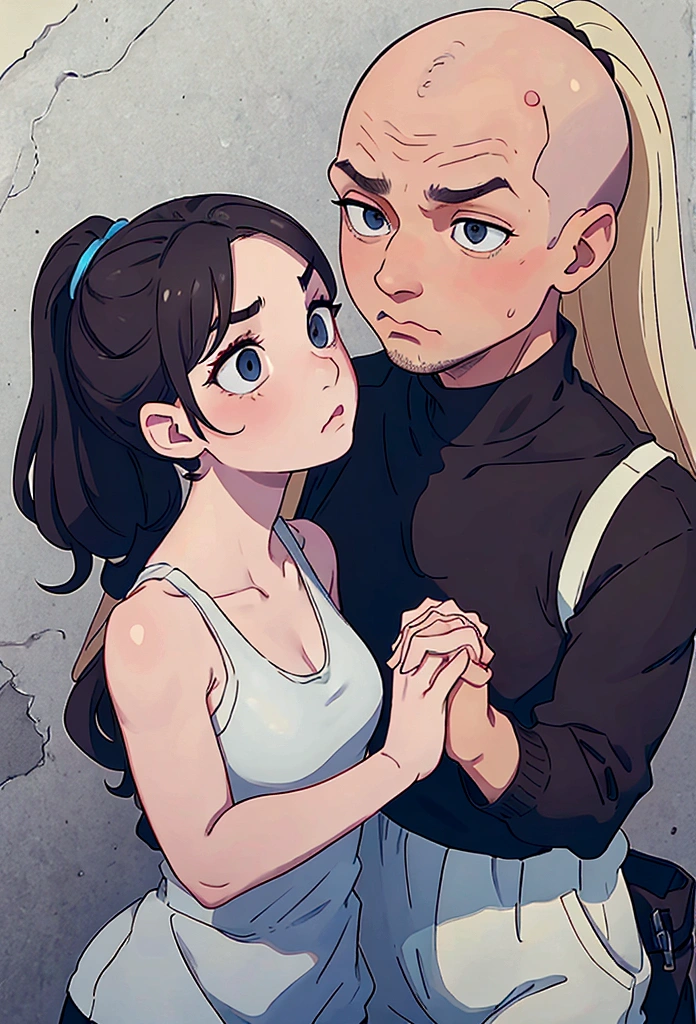 bald man wearing black wife beater and sweatpants with brown eyes and serious face holding hands with a girl that has a blonde ponytail and blue eyes cute expression